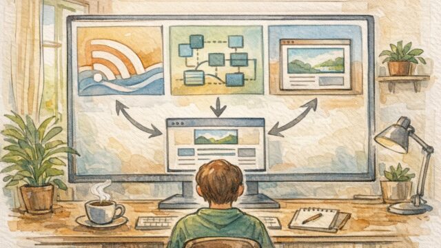 WordPress 外部サイト 記事 取り込み方法を比較検討する落ち着いたワークスペースのイラスト