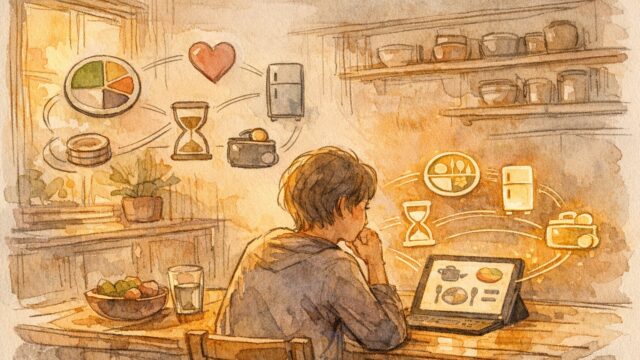 献立作成 AI 時短術で日々の献立負担を軽減し穏やかに食事を選ぶ様子