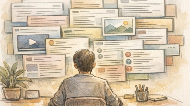 検索結果 占有率を示す画面を眺める人物と多様なコンテンツパネル