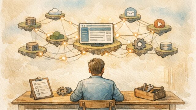 WordPress Webhook 連携の前提条件を整理し、接続の脆さや代替手段を俯瞰する設計イメージ