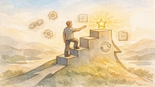 1位取るための最後の一押しを象徴する山頂目前の人物と小さな改善アイコン