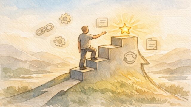 1位取るための最後の一押しを象徴する山頂目前の人物と小さな改善アイコン