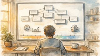 WordPress 記事ランキング 期間指定の方法を、タイムラインとツール群で俯瞰する作業机のイラスト