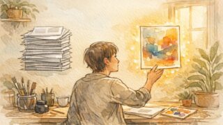 AI 生成物 の 審美眼 を 養う過程で、量産された成果物と質の高い一枚を比較し見極める人物