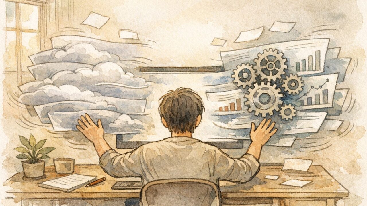 WP 管理画面 重い 原因を雲と歯車で対比し、最初のボトルネックを切り分ける姿