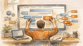 WP インフィード広告 設置方法を検討する作業デスクと画面レイアウトの様子