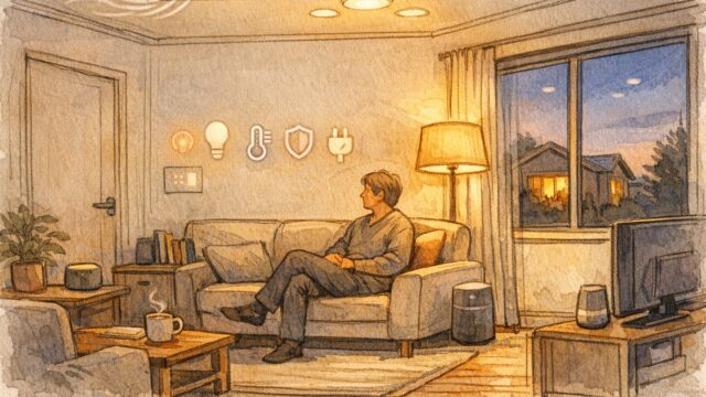 夕暮れのリビングで住人がくつろぎ、スマートホーム AI 連携が照明や空調を自動調整する様子
