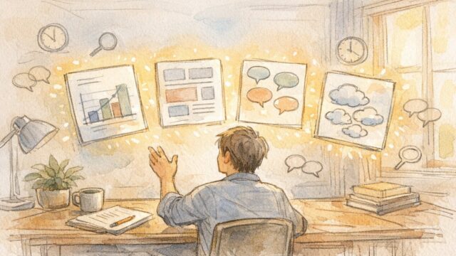AI ライティング 比較の前提条件を整理し、用途別に文章スタイルを検討する作業机のイラスト