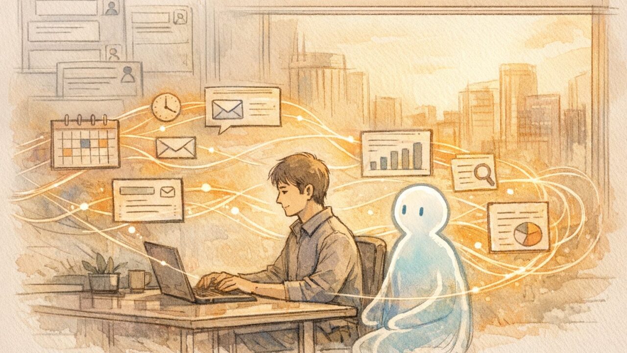 パーソナル AI エージェント の 未来を象徴的に描いたビジネスワークスペースと人とAIの協働シーン