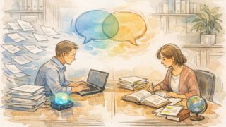 ビジネスシーンでAI 翻訳機 vs 語学学習を対比し、速度と理解の深さのバランスを描くイラスト