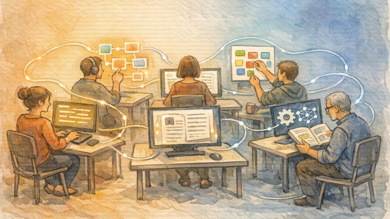 クラウドソーシング AI 案件 の 現状を象徴する、人とAIが協働する作業風景イラスト
