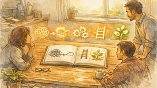 AI ツール の 選び方 失敗しない 基準を、手書きイラストで整理する落ち着いたワークスペース
