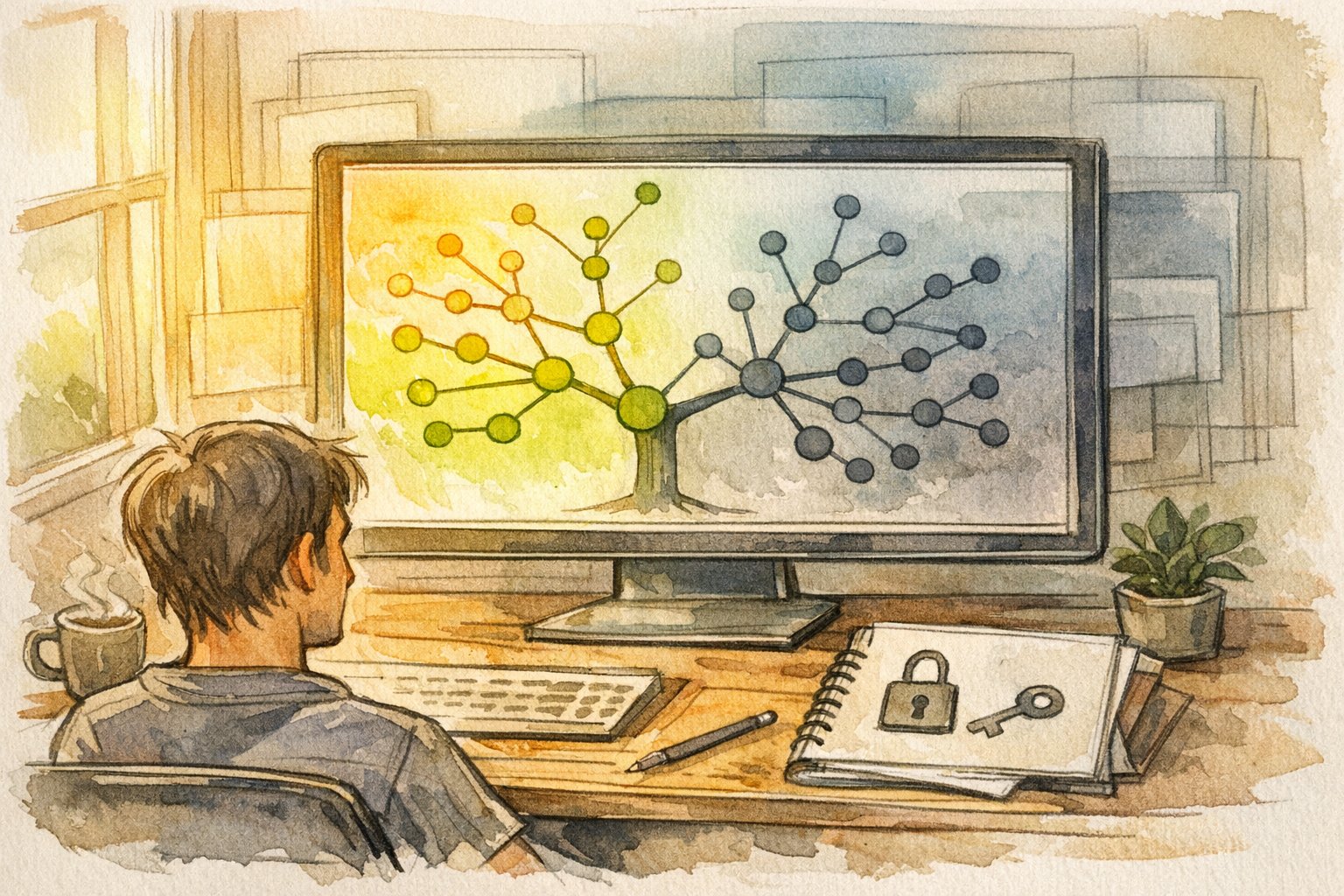 WP JSON API 活用による公開データと保護データの制約を整理するワークスペースイラスト