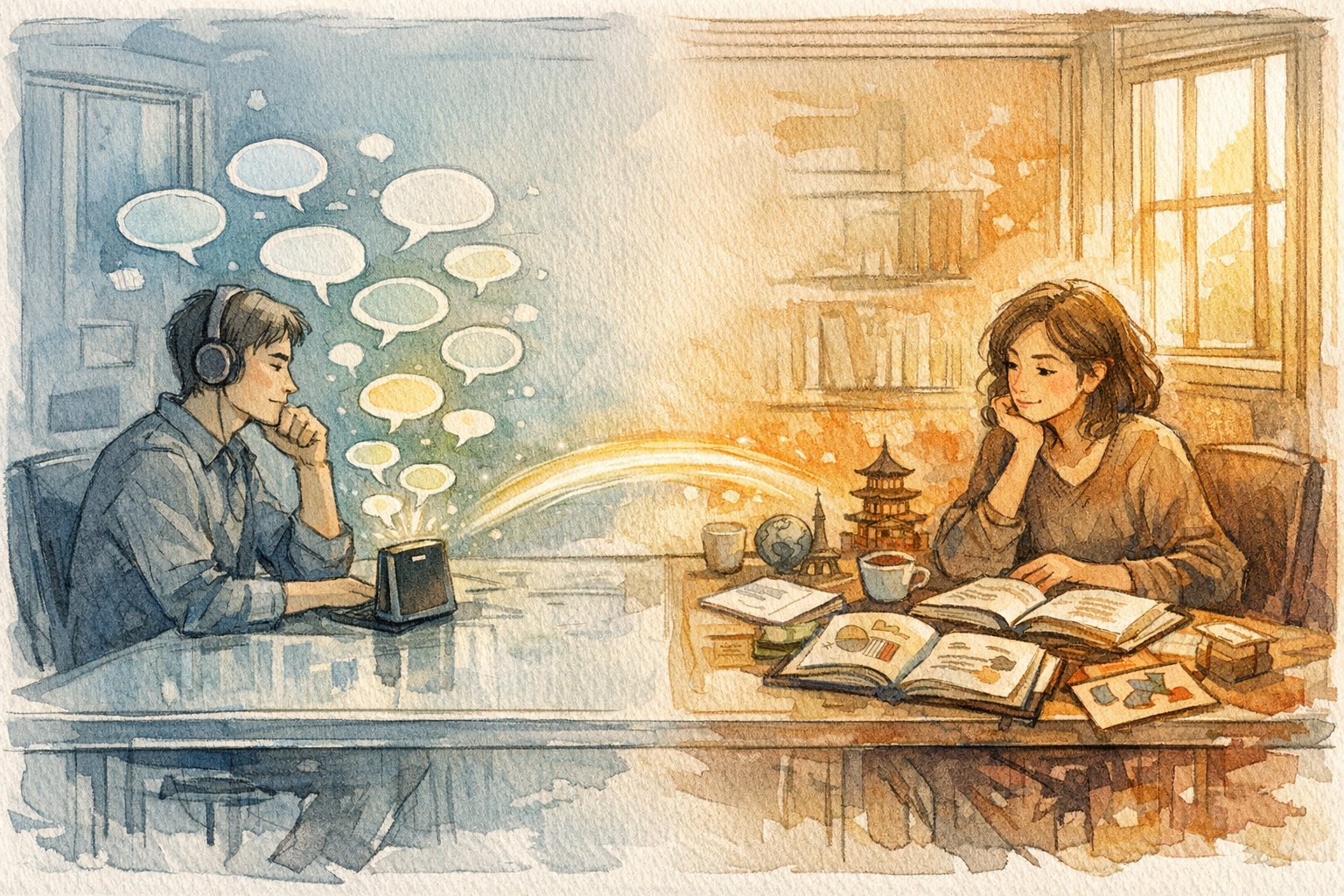 AI 翻訳機 vs 語学学習の違いを示すビジネスオフィス風イラスト