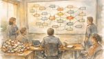 ディレクター 管理 ツールの理想的な使い方を議論するチームのワークスペースイラスト