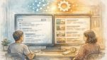 WordPress 記事要約 AI 自動表示による検索前後の要約表示を比較検討するイラスト