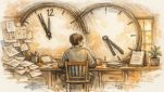 記事構成作成の時間短縮を意識しつつ質とのバランスに悩む執筆デスク風景