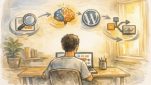 AI 生成コンテンツ の WP 投稿自動化ワークフローを俯瞰した手描きイラスト