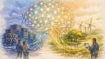 AI の 消費電力 と 環境問題 を象徴的に描いた脳型ネットワークとサーバー、自然エネルギーの風景