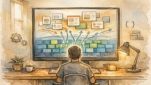 WP データベース SQL での一括置換を俯瞰し、隠れたデータ層と表層コンテンツの関係を示すイラスト