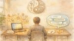 AI時代の情報収集術を象徴的に描いたイラスト、検索エンジンとAIアシスタントの対比
