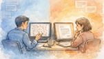 文章校正 AI 精度の違いを示すビジネスデスク、機械的修正と自然な文面の対比