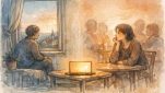 二種類の孤独感が向かい合う静かな部屋、AI と 孤独 の 解消を象徴する端末の柔らかな光