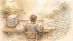記事 構成案 テンプレートで散らかったアイデアを整理し流れに導く手描きイラスト