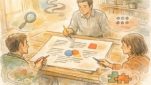 SEO ライティング 添削の評価軸を象徴する三人と原稿用紙、穏やかなスタジオ風景
