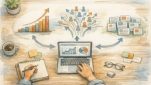 落ち着いたデスクでSEO ツール 成功事例の三つのパターンを比較検討するイラスト