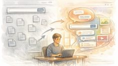 WP 検索窓を AI チャットボット化する方法で、従来検索と対話型検索を対比するイラスト