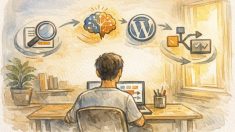 AI 生成コンテンツ の WP 投稿自動化ワークフローを俯瞰した手描きイラスト