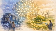 AI の 消費電力 と 環境問題 を象徴的に描いた脳型ネットワークとサーバー、自然エネルギーの風景