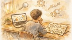 初心者向け SEO ツールに頼る大人が地図と画面を見比べ学び方を考える場面