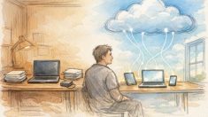 クラウド型 ライティングツールとローカル環境を対比した執筆ワークスペースのイラスト