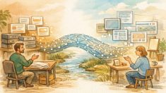 WordPress REST API 活用事例を象徴する、コンテンツ基盤と自由なフロントを橋でつなぐイラスト