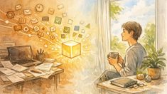 AI 活用 による 自由時間 の 増やし方、単純作業を任せ心の余裕を取り戻す働き方イメージ