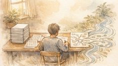記事 構成案 テンプレートで散らかったアイデアを整理し流れに導く手描きイラスト