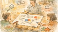 SEO ライティング 添削の評価軸を象徴する三人と原稿用紙、穏やかなスタジオ風景