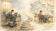 月額制 SEO ツールとの距離感を対比的に描いた穏やかなワークスペースイラスト