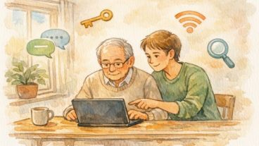 高齢者 向け AI 活用 支援を受けながらタブレット操作に挑戦する高齢者と若者の対話的な様子