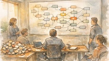 ディレクター 管理 ツールの理想的な使い方を議論するチームのワークスペースイラスト
