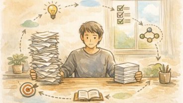 記事の質を安定させる方法を象徴する、整理された資料と乱雑な資料を比較するイラスト