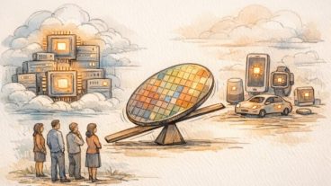 クラウドとエッジ端末を天秤のように隔てる半導体ウェハで、半導体不足 と AI 発展 の 関係を象徴的に描写