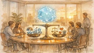 AI ガバナンス と 企業倫理の交差点、効率と責任のバランスを象徴する会議シーン