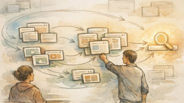 WordPress カスタム投稿タイプ SEO 対策を意識した情報設計を俯瞰し整理する作業場のイラスト