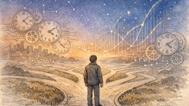 夕暮れの分かれ道を見つめる人物と未来の選択肢を象徴的に描いた、シンギュラリティ は いつ来るか を静かに考える場面