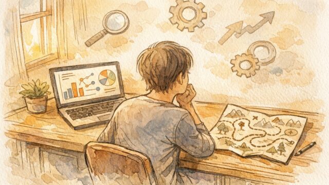 初心者向け SEO ツールに頼る大人が地図と画面を見比べ学び方を考える場面