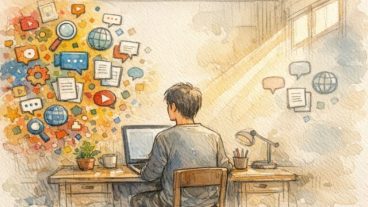 プロ仕様 ライティングツールと日常の執筆とのギャップを静かに見つめる人物のイラスト