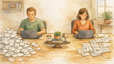 記事量産ツール比較のイメージ、量より質へのシフトと戦略見直しの机上シーン